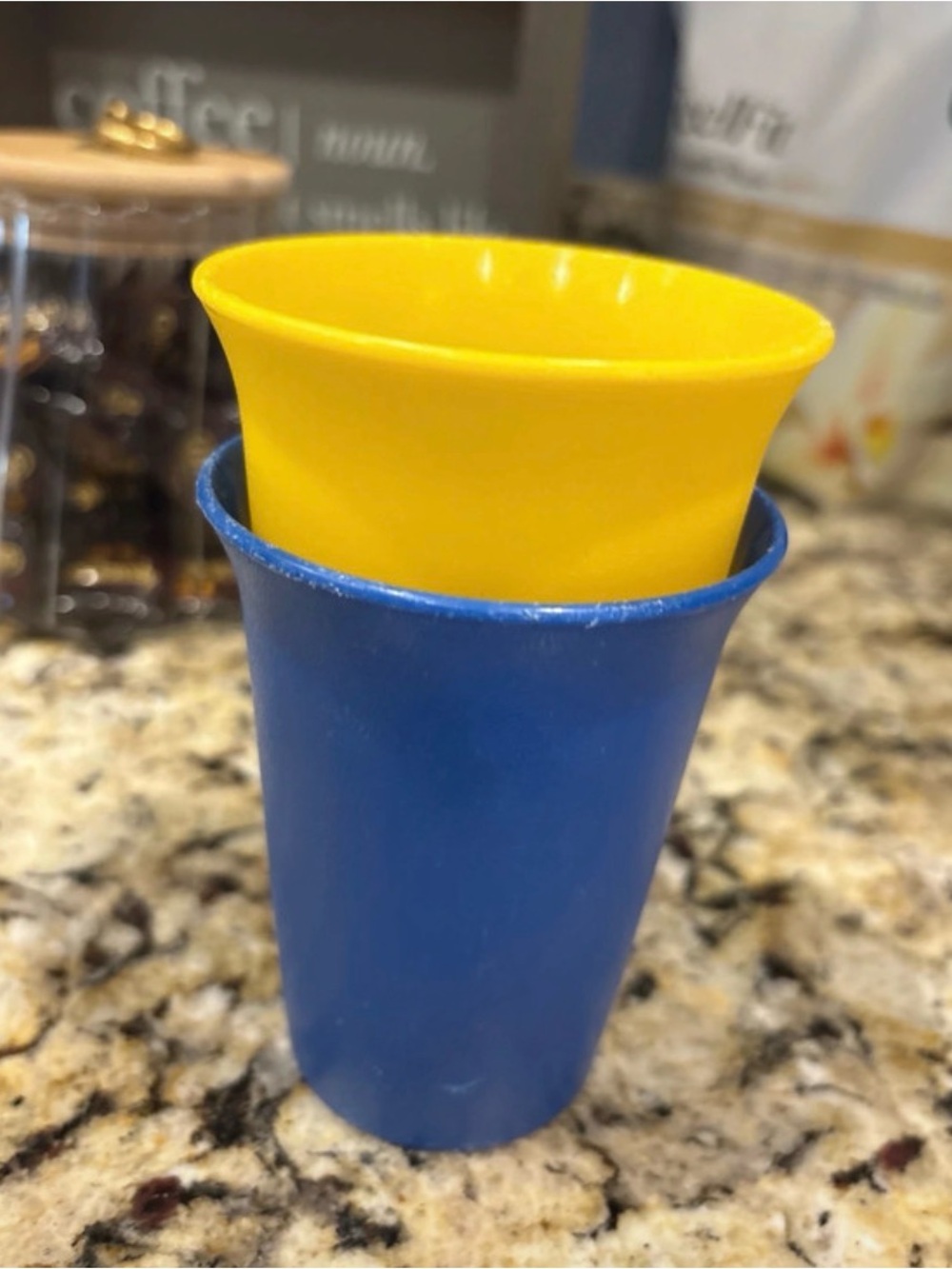 Tupperware Yellow Inner and Blue Outer Stackable Cups